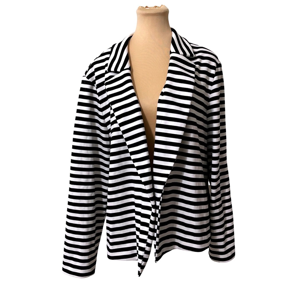 Chico's Striped Open Front Blazer Size 4 Black White Nautical Parisian Career